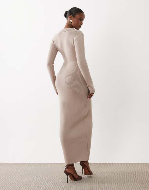 4th & Reckless - Vestito lungo a maniche lunghe con bottoni e colletto in maglia a coste color caffellatte, 4 di 4