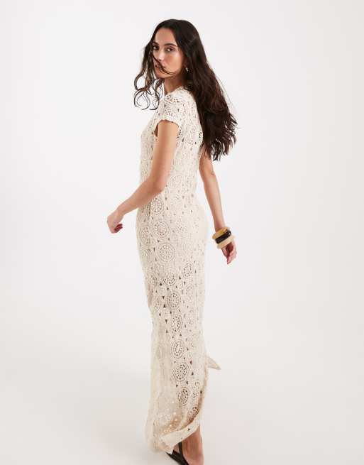 4th & Reckless - Vestito lungo color crema con motivo floreale all'uncinetto e maniche ad aletta