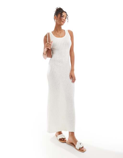 4th & Reckless - Vestito lungo color crema senza maniche in maglia a coste con scollo rotondo