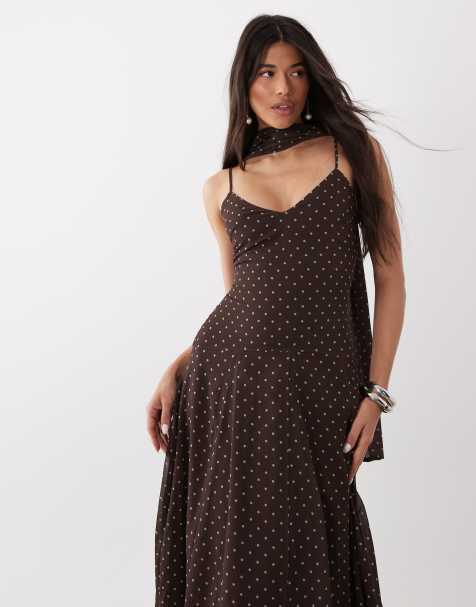 4th & Reckless - Vestito lungo in chiffon color cioccolato e blu a pois con spalline sottili e dettaglio foulard - view 1