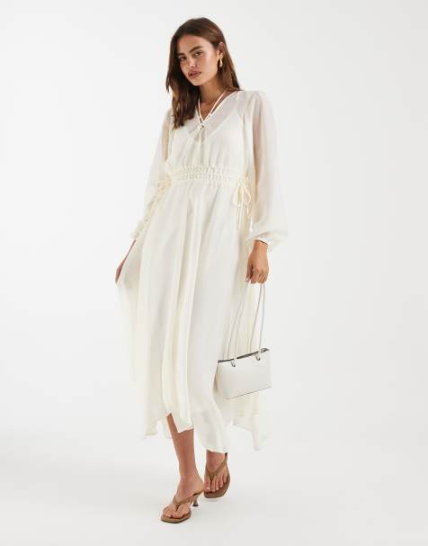 4th & Reckless - Vestito lungo in chiffon color crema allacciato sul davanti con maniche a palloncino e fondo asimmetrico svolazzante - view 1