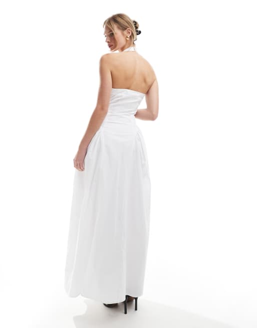  4th & Reckless - Vestito lungo in cotone bianco con scollo squadrato allacciato al collo e pieghe sui fianchi, 4 di 4