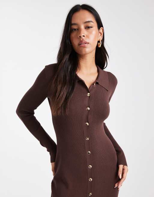 4th & Reckless - Vestito lungo in maglia a coste color cioccolato con colletto e bottoni, 3 di 4