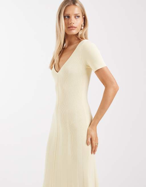 4th & Reckless - Vestito lungo in maglia sottile color limone con scollo a V e cuciture sul davanti, 4 di 4