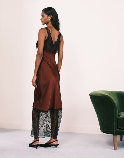 4th + Reckless - Vestito lungo in raso bordeaux con finiture e fondo in pizzo, 3 di 4
