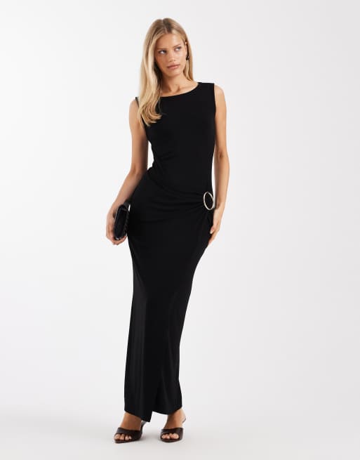 4th & Reckless - Vestito lungo senza maniche nero soft touch arricciato con dettaglio ad anello in metallo