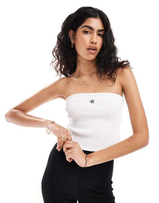 4th & Reckless – Vit, ribbad bandeau-topp med logga