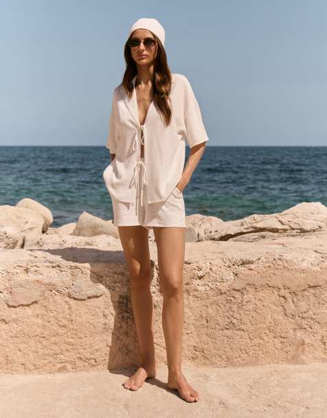 4th & Reckless – Vita strandshorts i linnemix med elastisk midja, del av set - view 1