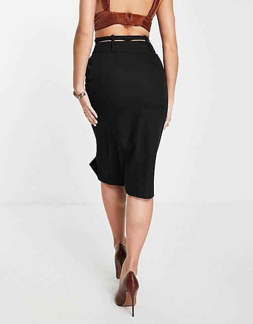 Skirts 4th & Reckless waistband detail front spilt midi skirt in black 