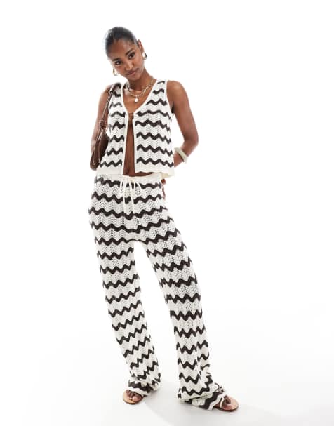 4th & Reckless wave crochet beach waist coat top and trousers co-ord in chocolate and cream - view 1