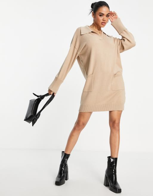 4th & Reckless wide collar knitted jumper dress in camel