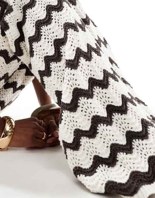 4th & Reckless wide leg crochet beach pants in chocolate and cream wave - part of a set