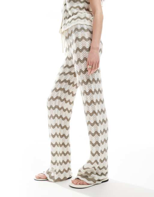 4th & Reckless wide leg crochet beach pants in mocha and cream waves - part of a set