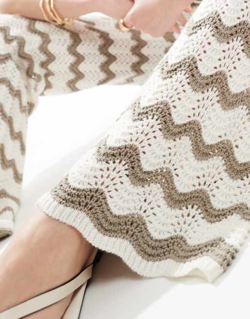4th & Reckless wide leg crochet beach pants in mocha and cream waves - part of a set