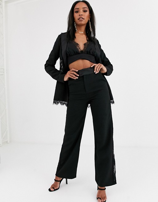 4th & Reckless wide leg trouser with lace insert in black