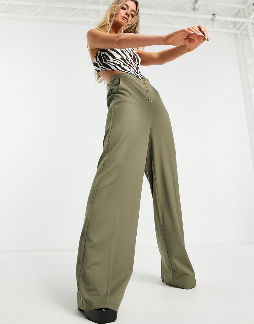 4th & Reckless wide leg trousers with button detail co ord in olive-Green