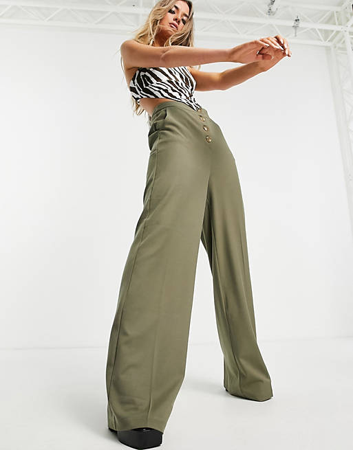 4th & Reckless wide leg trousers with button detail co ord in olive