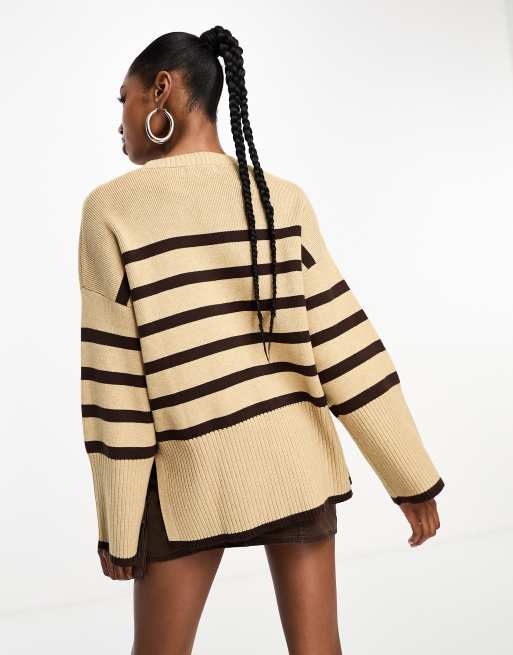 4th & Reckless wide sleeve side split sweater in camel stripe | ASOS