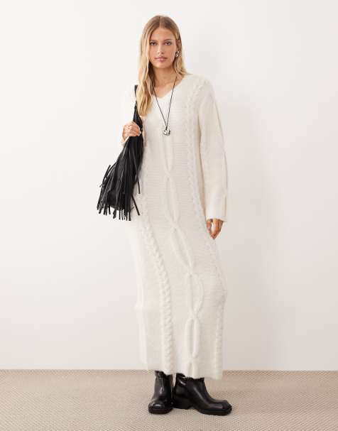 4th & Reckless wool-blend cable knit v-neck maxi jumper dress in cream - view 1