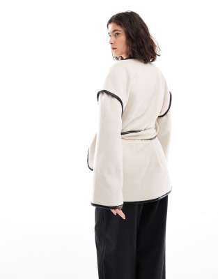 4th & Reckless Wool Mix Contrast Edge Belted Jacket In Cream-white In White