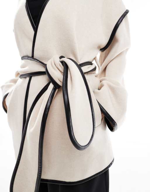 4th & Reckless wool blend contrast edge belted jacket in cream, 3 of 4