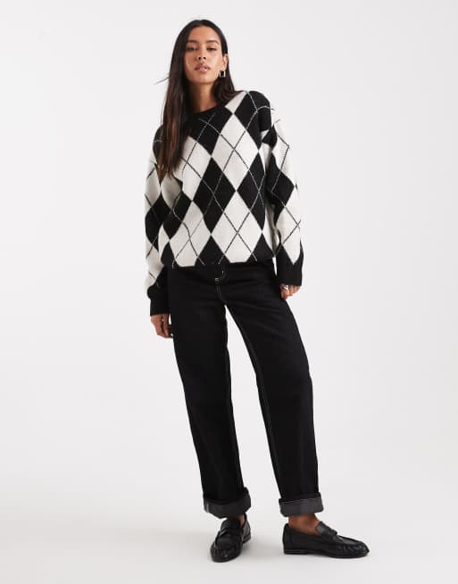 4th & Reckless wool blend crew neck oversized sweater in black and white argyle
