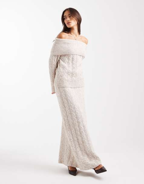 4th & Reckless wool blend dramatic bardot cable knit jumper and maxi skirt co-ord in beige - view 1