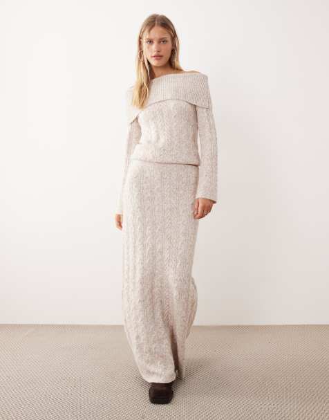4th & Reckless wool blend dramatic bardot cable knit jumper and maxi skirt set in beige - view 1