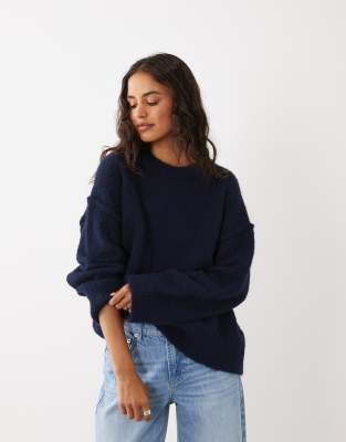 4th & Reckless Wool Blend Fluffy Drop Shoulder Sweater In Navy