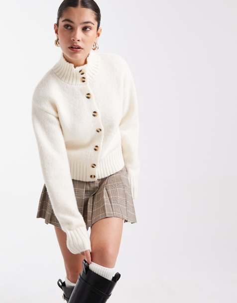 4th & Reckless wool-blend funnel neck button-through ribbed trim cardigan in cream - view 1