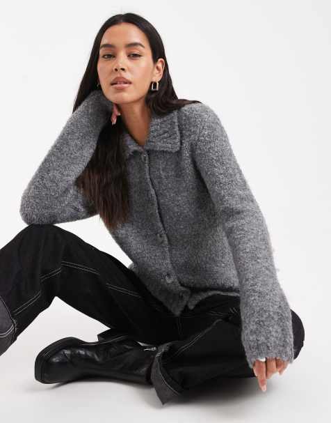 4th & Reckless wool blend ribbed collar detail button up cardigan in charcoal gray - view 1