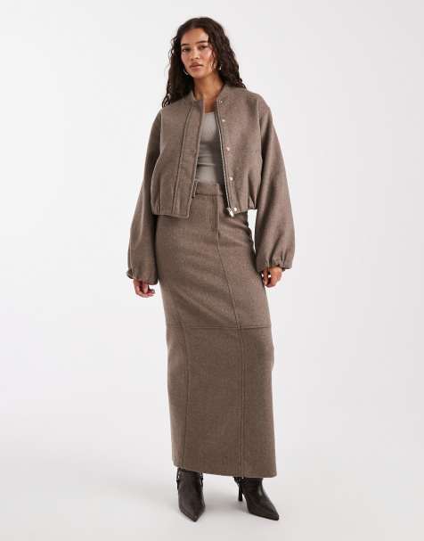 4th & Reckless wool blend soft tailored collarless balloon sleeve bomber jacket and maxi skirt set in mocha - view 1