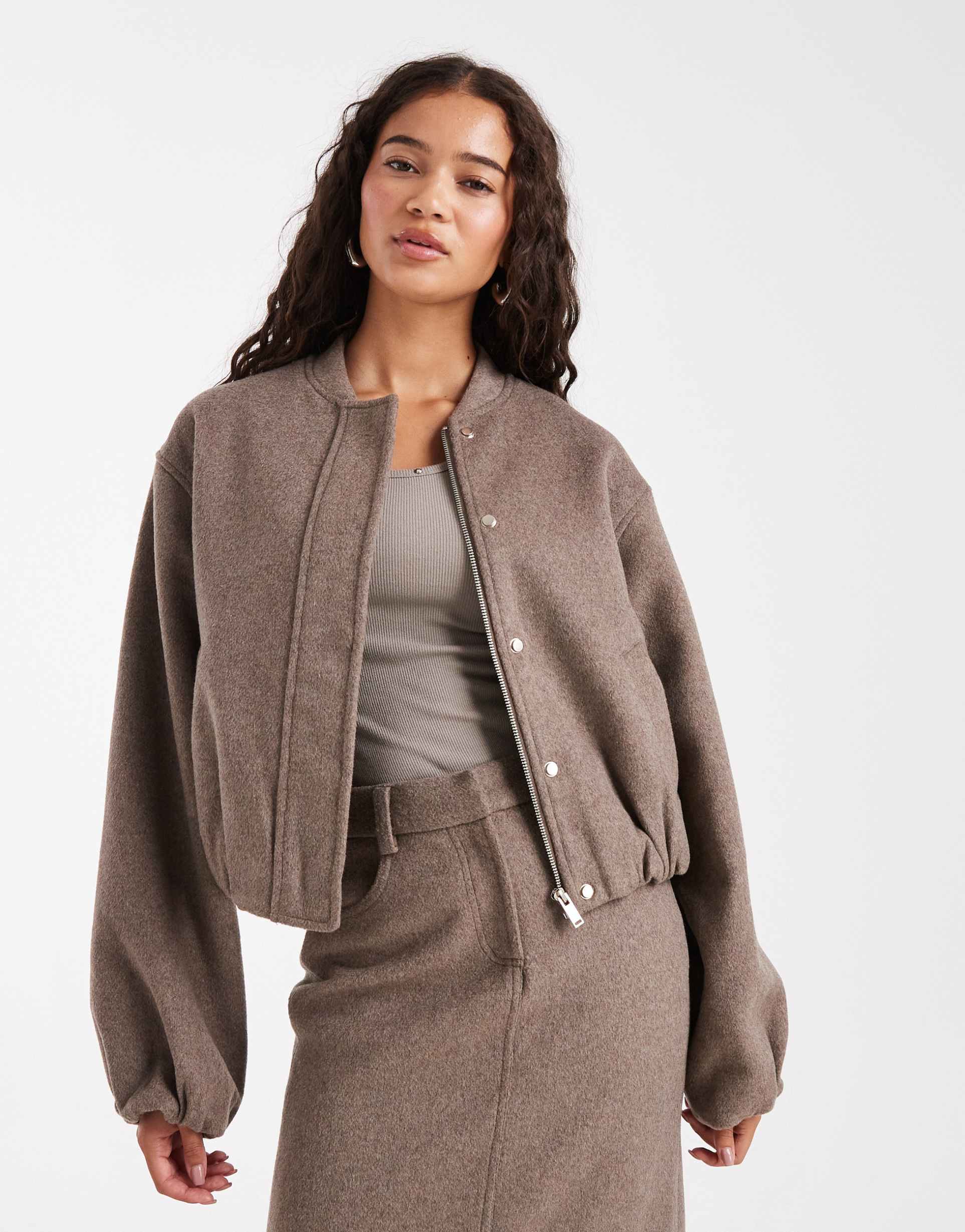 4th & reckless wool blend soft tailored collarless balloon sleeve bomber jacket in mocha - part of a set