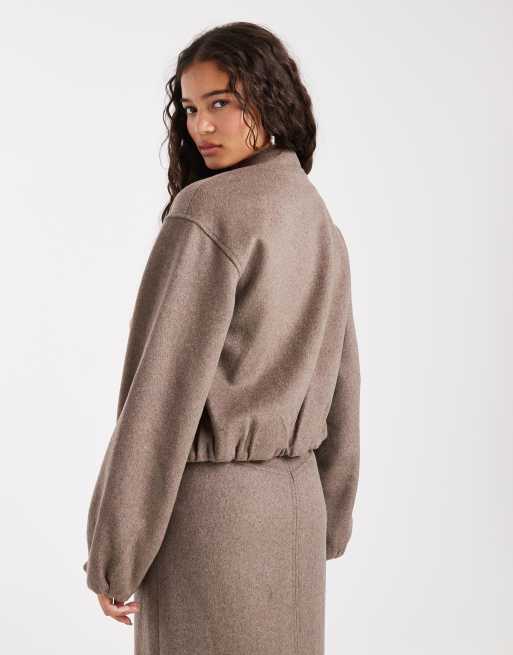 4th & Reckless wool blend soft tailored collarless balloon sleeve bomber jacket in mocha - part of a set