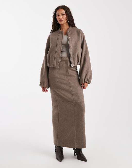4th & Reckless wool blend soft tailored collarless balloon sleeve bomber jacket in mocha (part of a set), 3 of 4