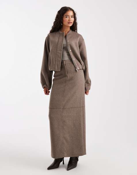 4th & Reckless wool blend soft tailored seam detail maxi skirt co-ord in mocha - view 1