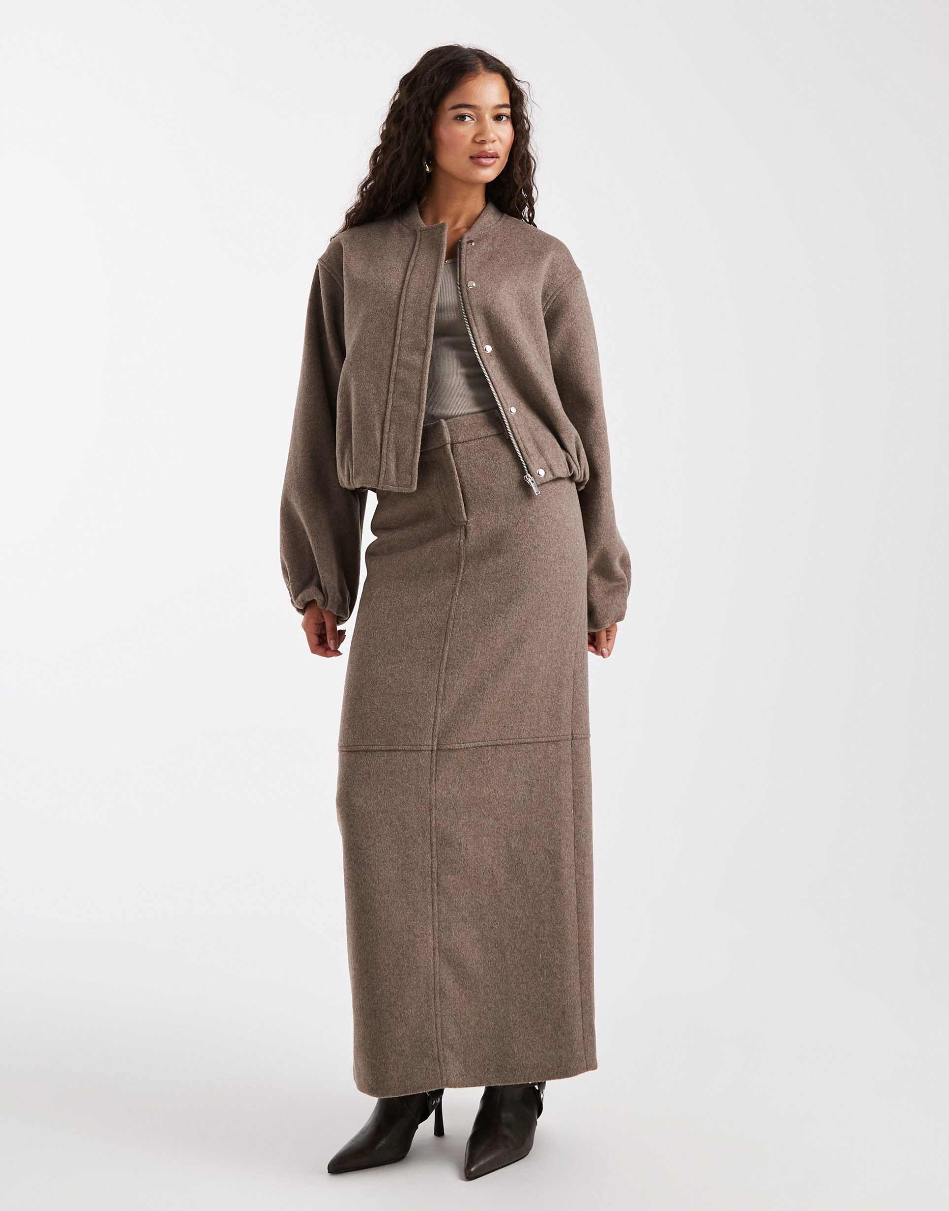 4th & reckless wool blend soft tailored seam detail maxi skirt in mocha - part of a set