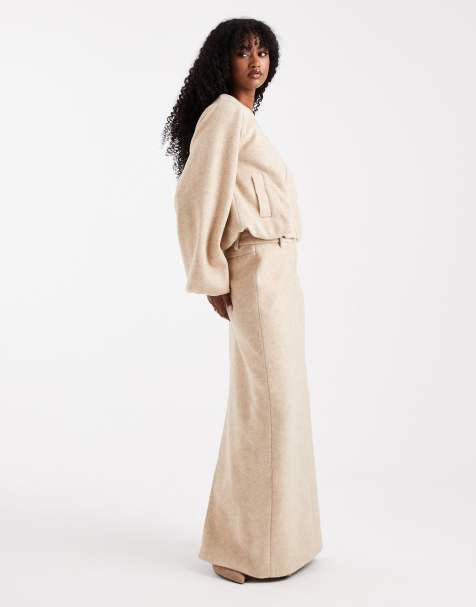 4th & Reckless wool feel back split maxi skirt co-ord in beige - view 1