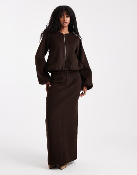 4th & Reckless wool feel back split maxi skirt in chocolate brown (part of a set) - view 1