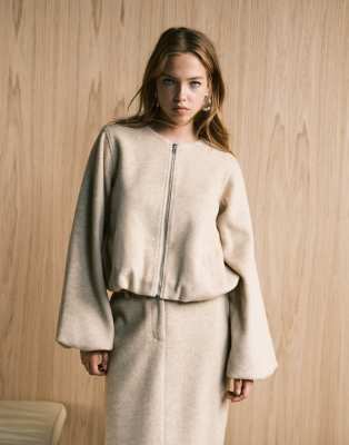 4th & Reckless 4th & Reckless wool feel balloon sleeve collarless bomber jacket co-ord in beige-Neutral