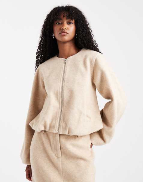 4th & Reckless wool feel balloon sleeve collarless bomber jacket co-ord in beige - view 1