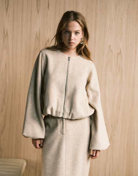 4th & Reckless wool feel balloon sleeve collarless bomber jacket co-ord in beige