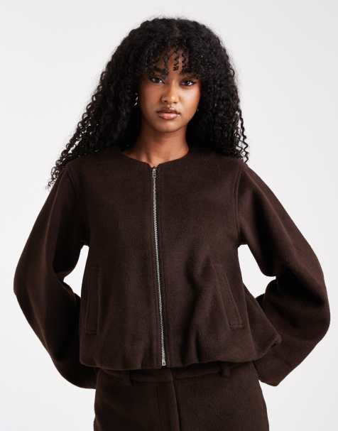 4th & Reckless wool feel balloon sleeve collarless bomber jacket co-ord in chocolate brown - view 1