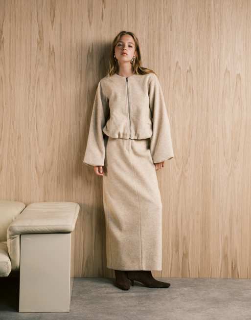 4th & Reckless – Kragenlose Bomberjacke in Beige mit Ballonärmeln und Woll-Haptik, Kombiteil