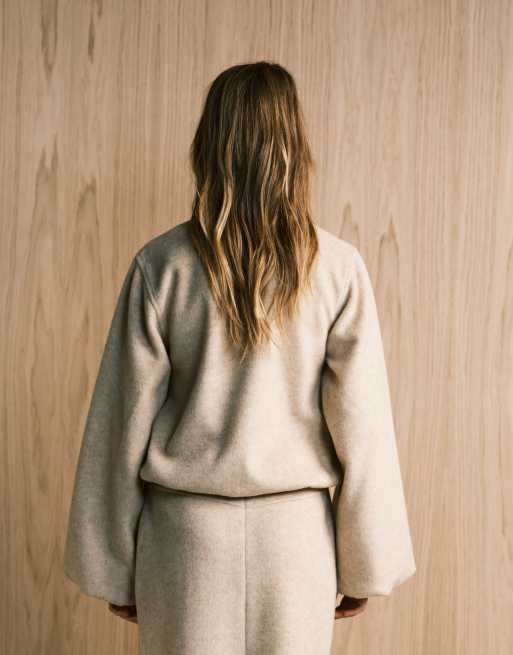 4th & Reckless – Kragenlose Bomberjacke in Beige mit Ballonärmeln und Woll-Haptik, Kombiteil
