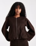[4th & Reckless] 4th & Reckless wool feel balloon sleeve collarless bomber jacket in chocolate brown (part of a set) 6 Chocolate
