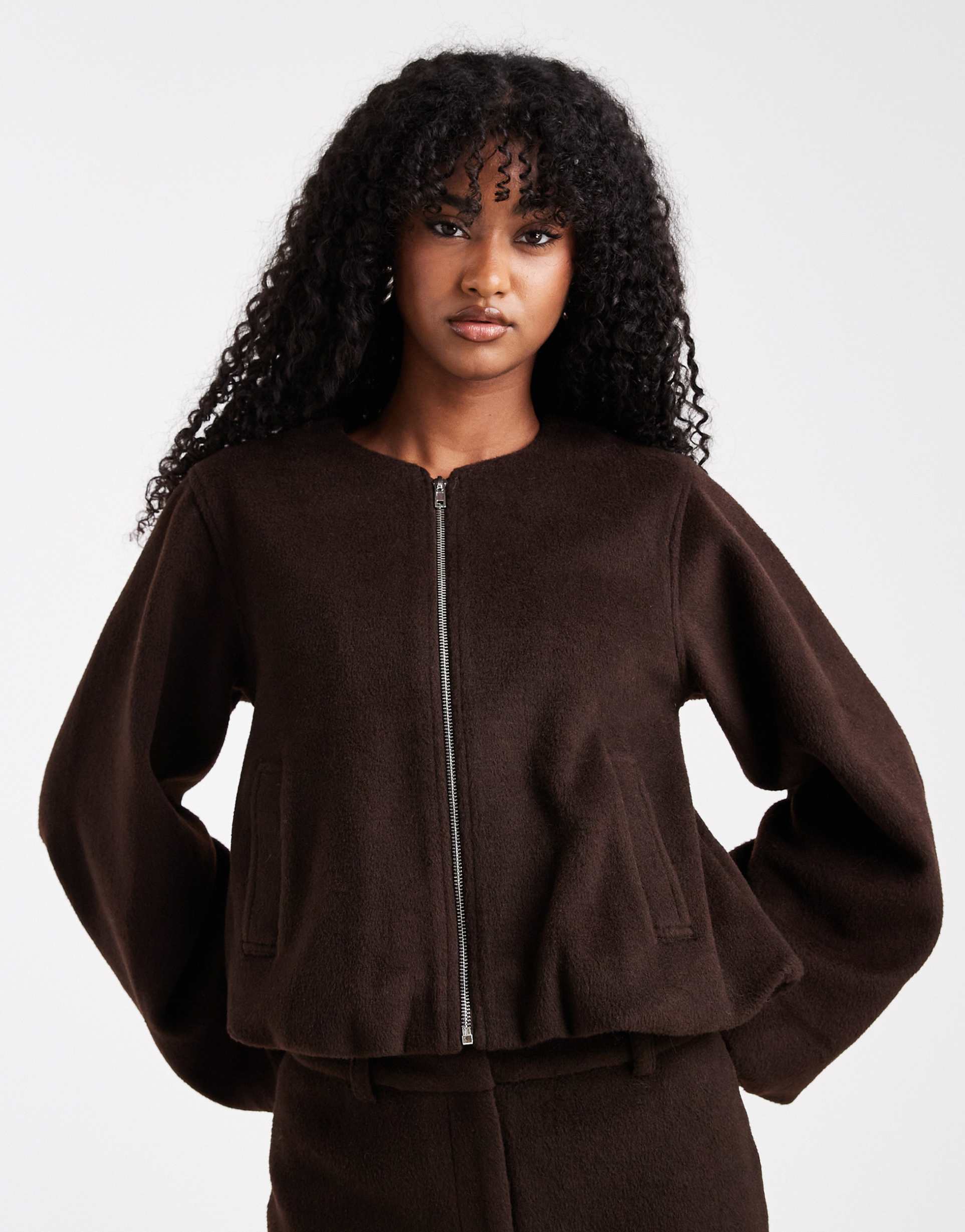 4th & reckless wool feel balloon sleeve collarless bomber jacket in chocolate brown - part of a set