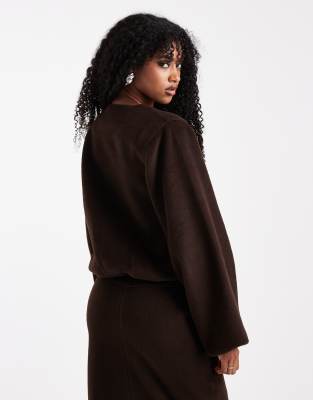 4th & Reckless Wool Feel Balloon Sleeve Collarless Bomber Jacket In Brown