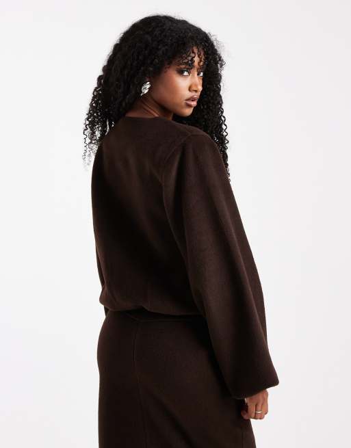 4th & Reckless wool feel balloon sleeve collarless bomber jacket in chocolate brown - part of a set