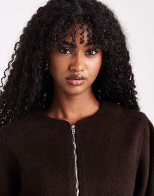 4th & Reckless wool feel balloon sleeve collarless bomber jacket in chocolate brown - part of a set, 3 of 4